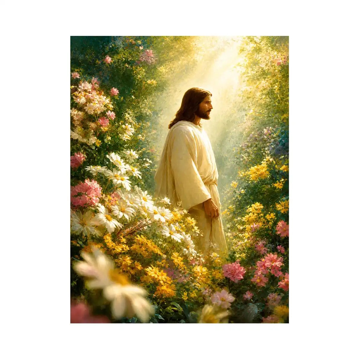 Jesus standing in blooming flower garden with heavenly light Christian wall art canvas
