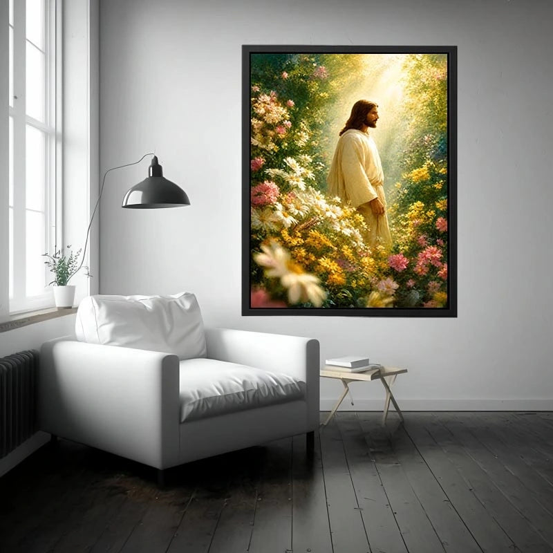 Jesus standing in blooming flower garden with heavenly light Christian wall art canvas