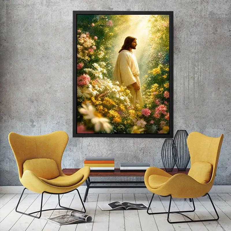 Jesus standing in blooming flower garden with heavenly light Christian wall art canvas