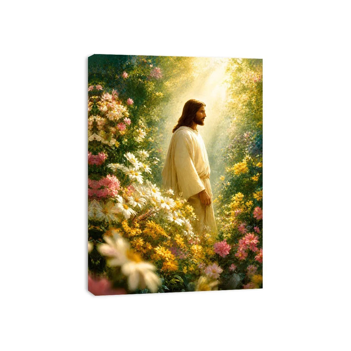 Jesus standing in blooming flower garden with heavenly light Christian wall art canvas