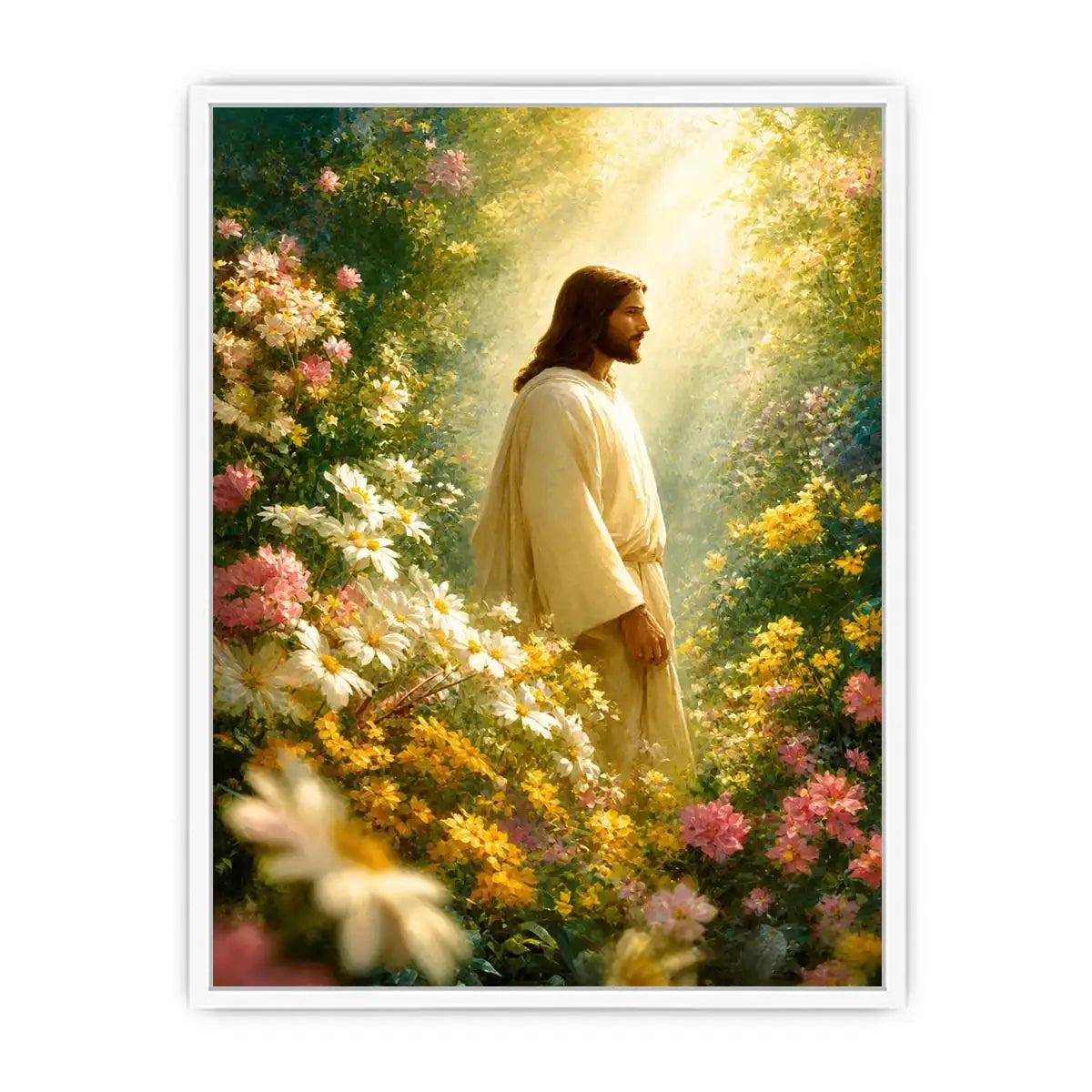 Jesus standing in blooming flower garden with heavenly light Christian wall art canvas
