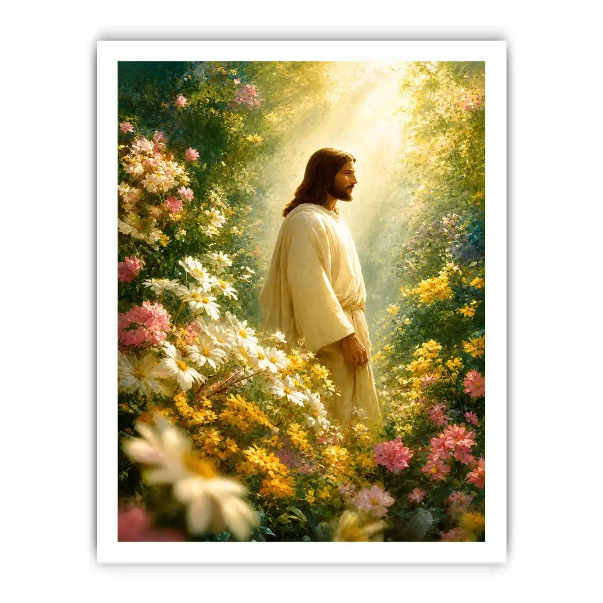 Jesus standing in blooming flower garden with heavenly light Christian wall art canvas