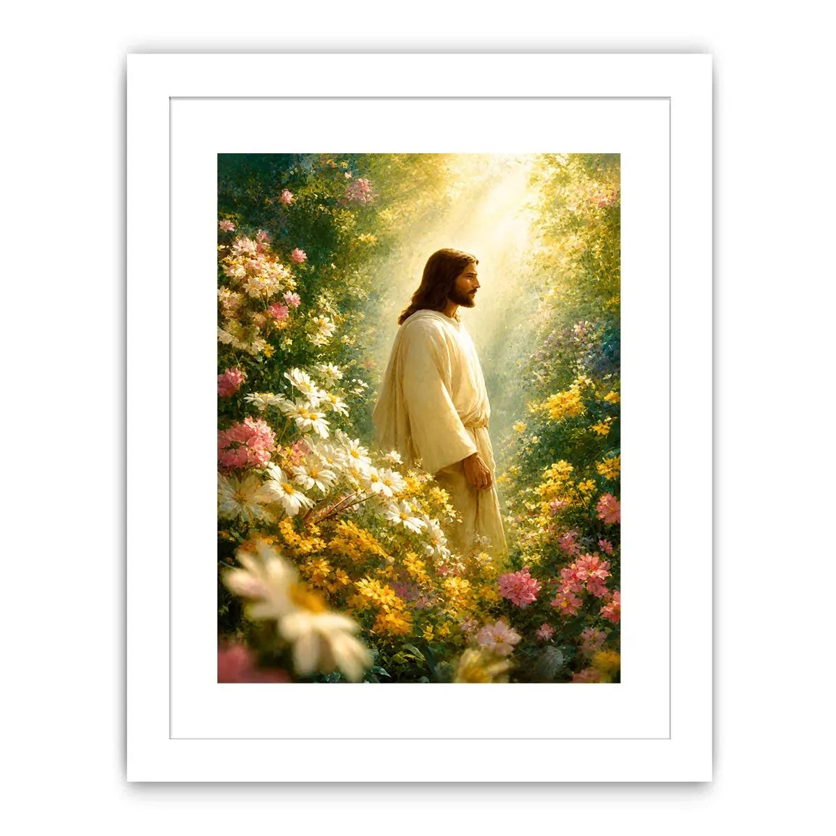 Jesus standing in blooming flower garden with heavenly light Christian wall art canvas