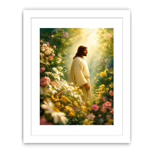 Jesus standing in blooming flower garden with heavenly light Christian wall art canvas