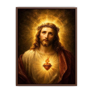 Sacred Heart Jesus portrait wall art with glowing halo and golden spiritual light canvas painting