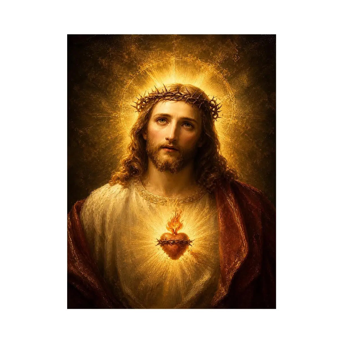 Sacred Heart Jesus portrait wall art with glowing halo and golden spiritual light canvas painting