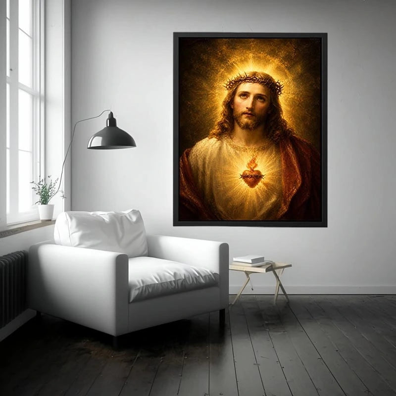 Sacred Heart Jesus portrait wall art with glowing halo and golden spiritual light canvas painting