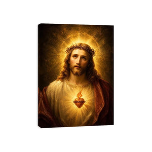 Sacred Heart Jesus portrait wall art with glowing halo and golden spiritual light canvas painting