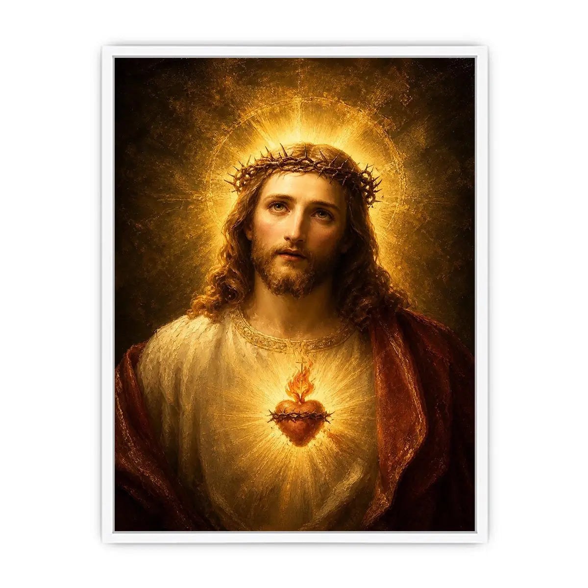 Sacred Heart Jesus portrait wall art with glowing halo and golden spiritual light canvas painting