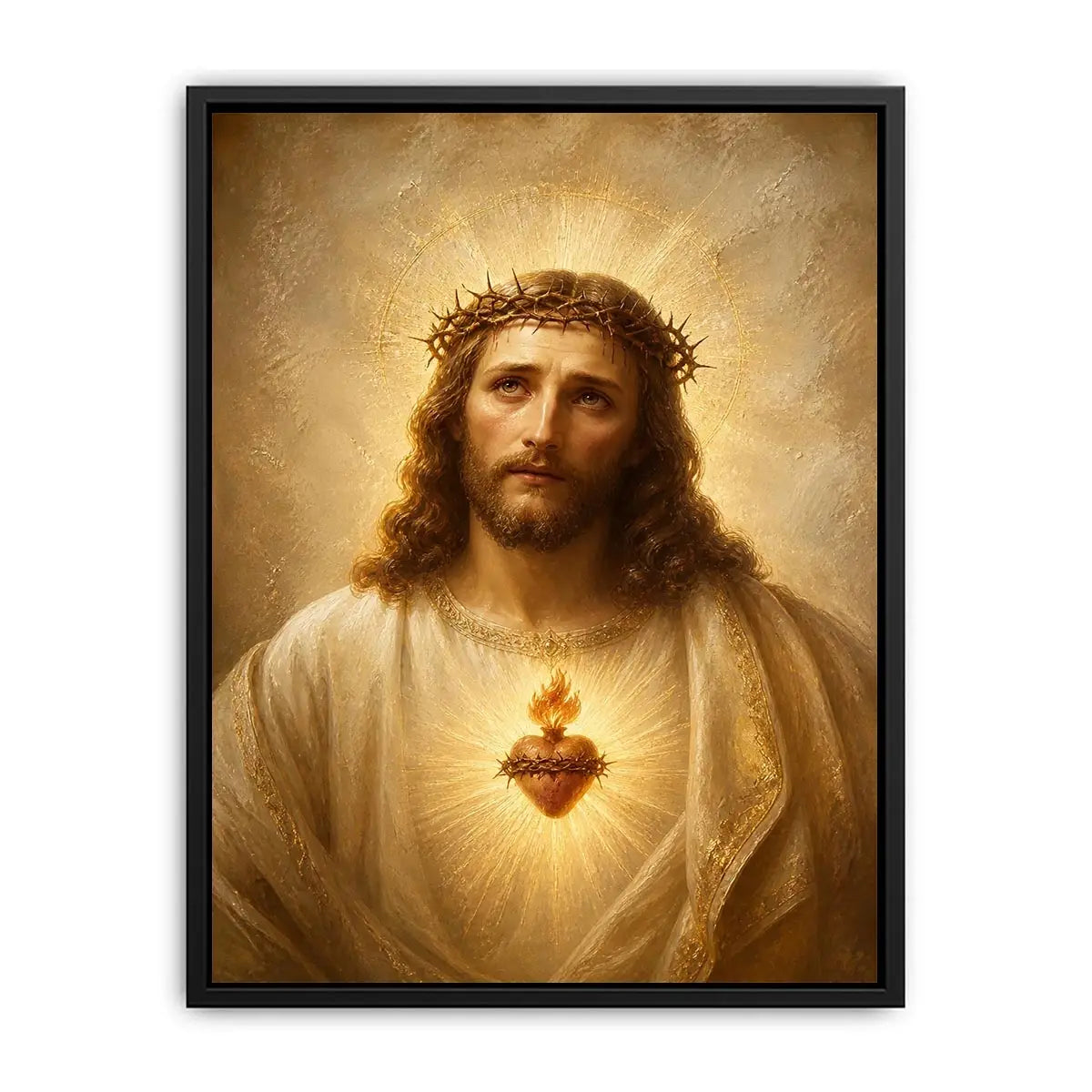 Jesus Sacred Heart portrait canvas wall art with glowing halo and golden renaissance style painting