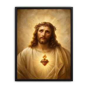 Jesus Sacred Heart portrait canvas wall art with glowing halo and golden renaissance style painting