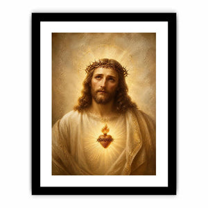 Jesus Sacred Heart portrait canvas wall art with glowing halo and golden renaissance style painting