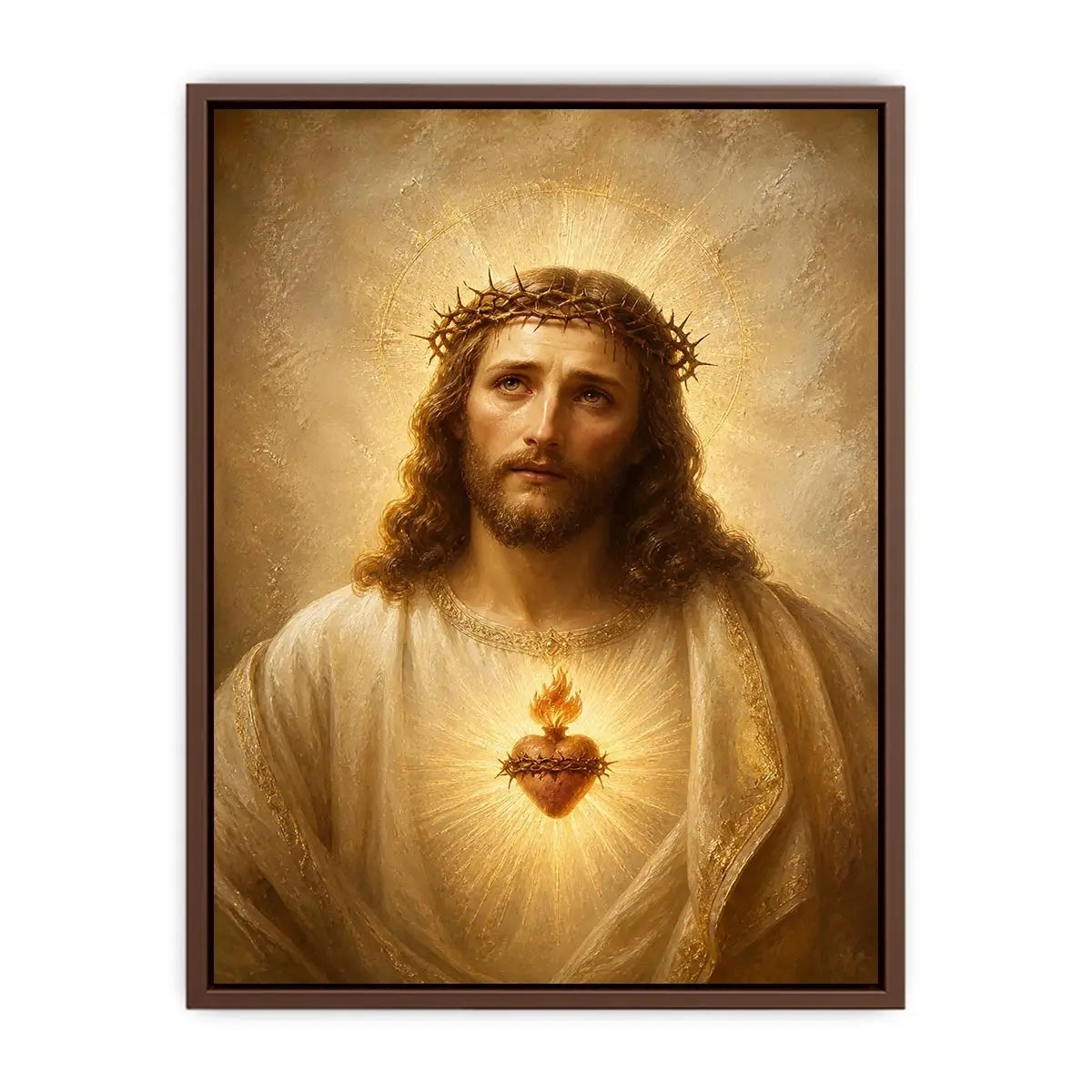 Jesus Sacred Heart portrait canvas wall art with glowing halo and golden renaissance style painting