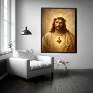 Jesus Sacred Heart portrait canvas wall art with glowing halo and golden renaissance style painting