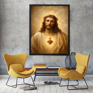 Jesus Sacred Heart portrait canvas wall art with glowing halo and golden renaissance style painting