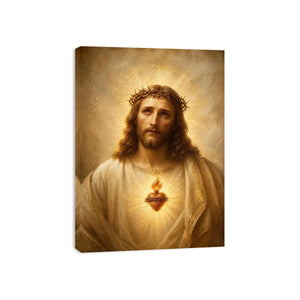 Jesus Sacred Heart portrait canvas wall art with glowing halo and golden renaissance style painting