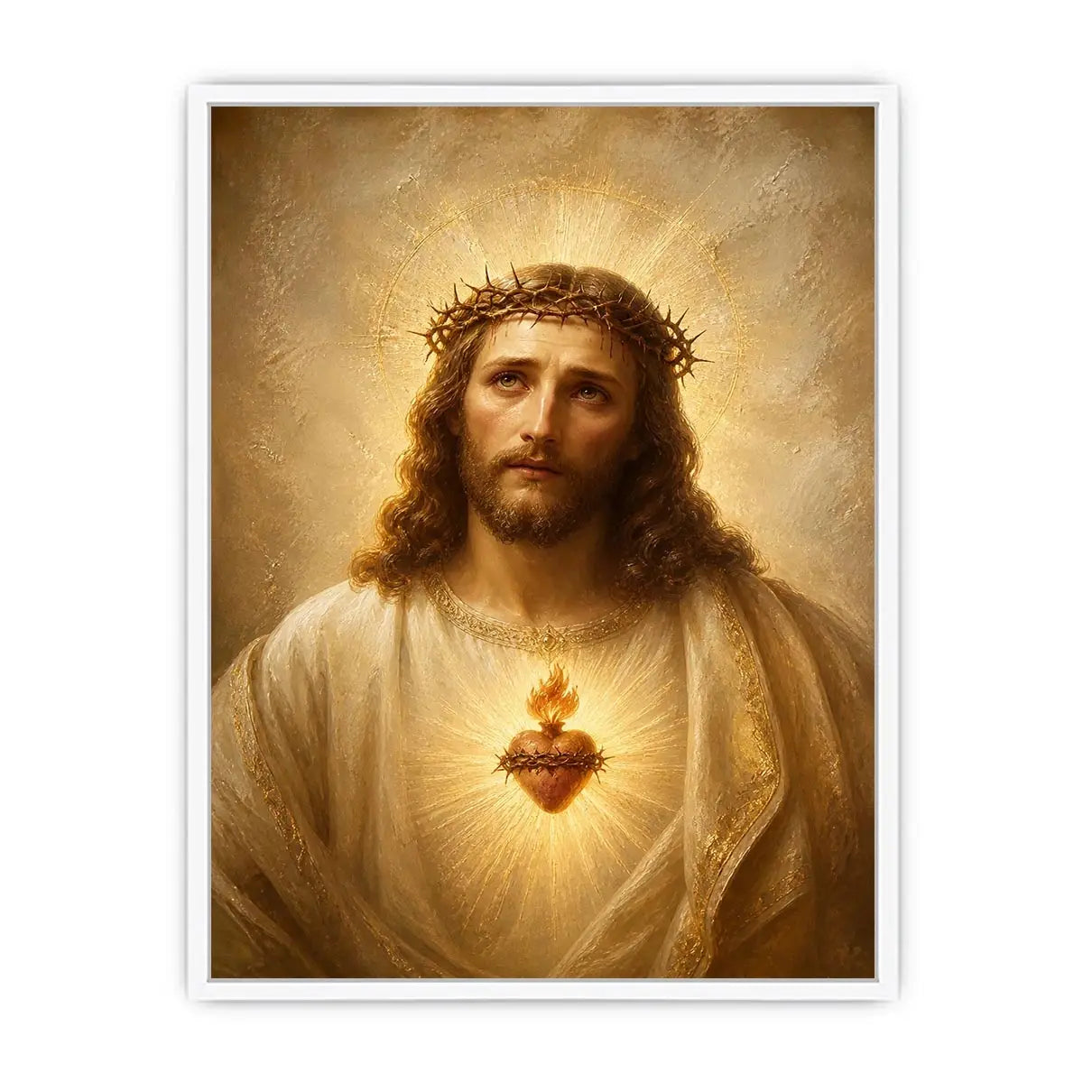 Jesus Sacred Heart portrait canvas wall art with glowing halo and golden renaissance style painting