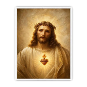 Jesus Sacred Heart portrait canvas wall art with glowing halo and golden renaissance style painting