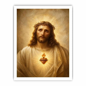 Jesus Sacred Heart portrait canvas wall art with glowing halo and golden renaissance style painting