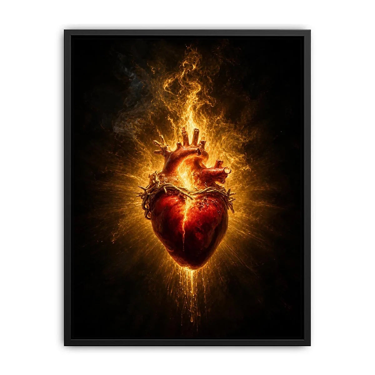Burning sacred heart wall art with crown of thorns and glowing golden flames on dark background