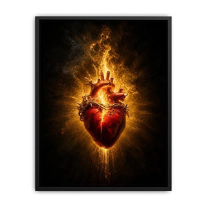 Burning sacred heart wall art with crown of thorns and glowing golden flames on dark background