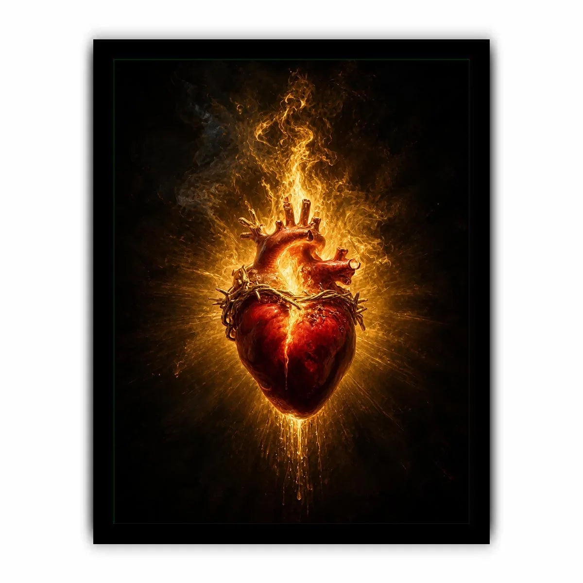 Burning sacred heart wall art with crown of thorns and glowing golden flames on dark background