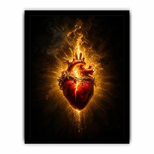 Burning sacred heart wall art with crown of thorns and glowing golden flames on dark background
