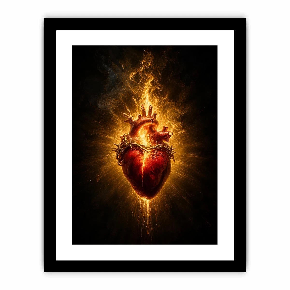 Burning sacred heart wall art with crown of thorns and glowing golden flames on dark background