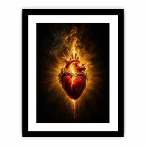 Burning sacred heart wall art with crown of thorns and glowing golden flames on dark background