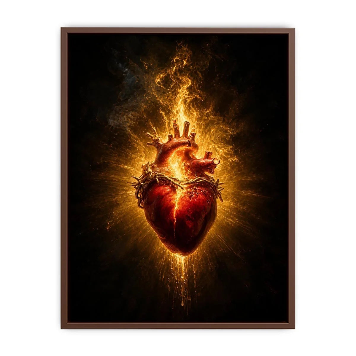Burning sacred heart wall art with crown of thorns and glowing golden flames on dark background