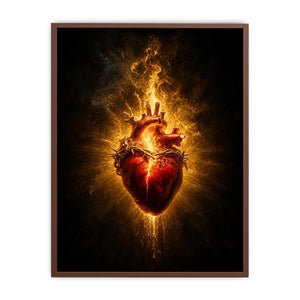 Burning sacred heart wall art with crown of thorns and glowing golden flames on dark background