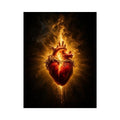 Burning sacred heart wall art with crown of thorns and glowing golden flames on dark background