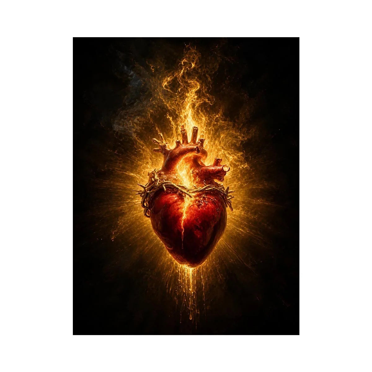 Burning sacred heart wall art with crown of thorns and glowing golden flames on dark background