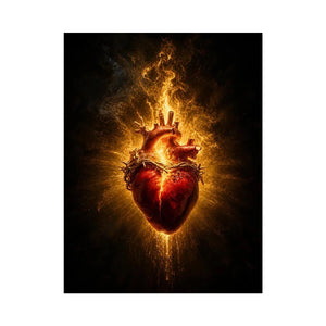 Burning sacred heart wall art with crown of thorns and glowing golden flames on dark background