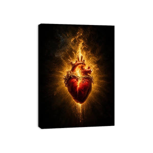 Burning sacred heart wall art with crown of thorns and glowing golden flames on dark background