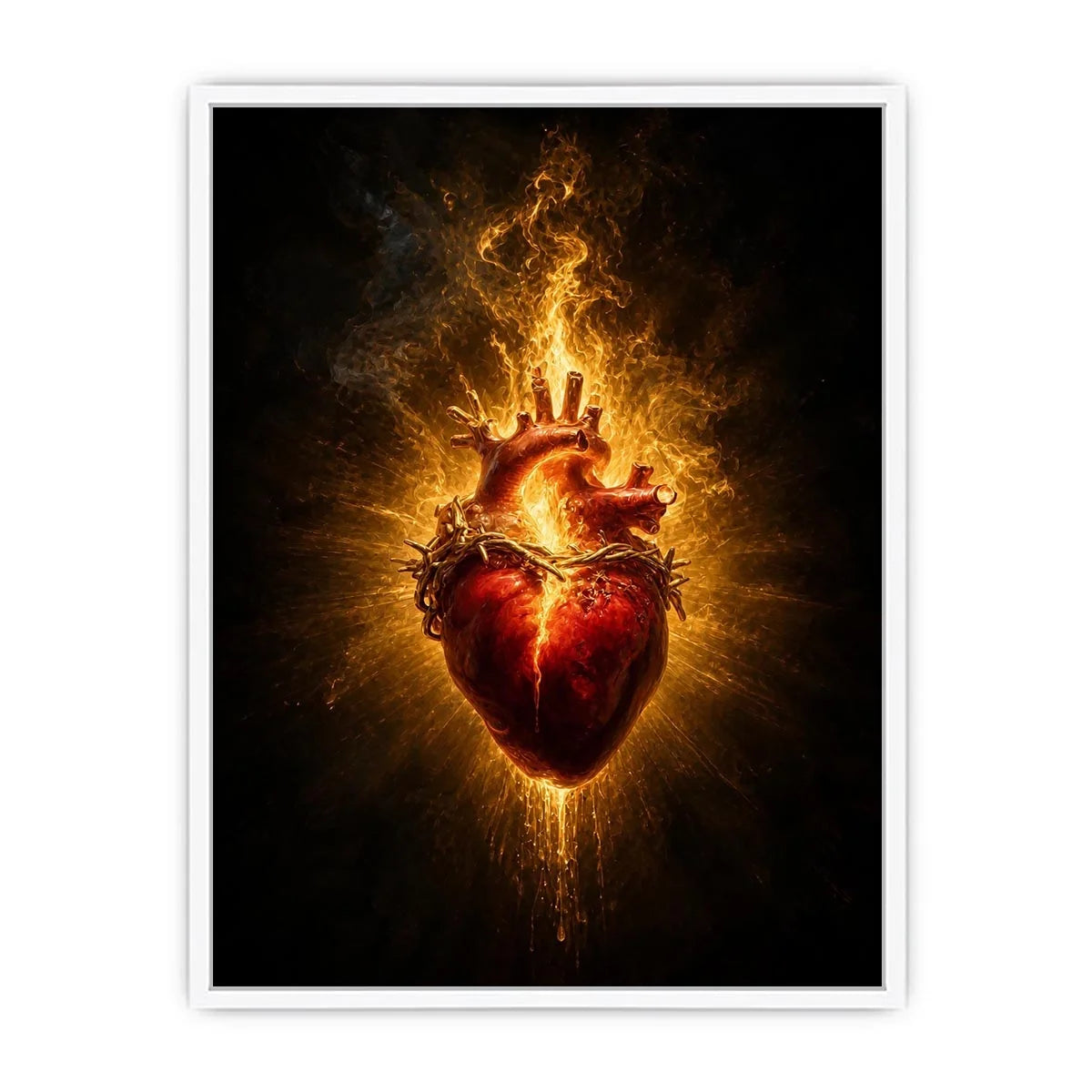 Burning sacred heart wall art with crown of thorns and glowing golden flames on dark background