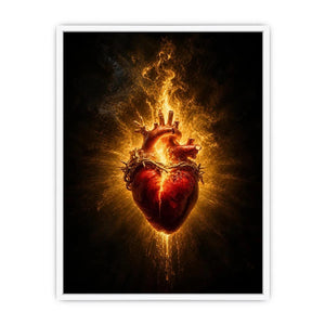 Burning sacred heart wall art with crown of thorns and glowing golden flames on dark background