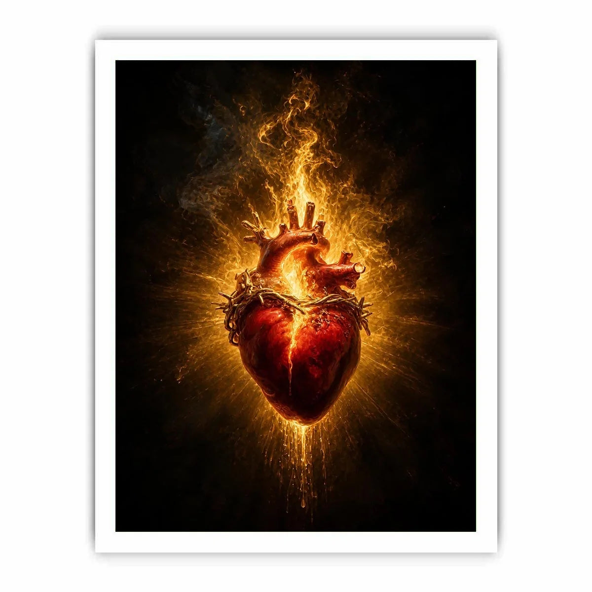 Burning sacred heart wall art with crown of thorns and glowing golden flames on dark background