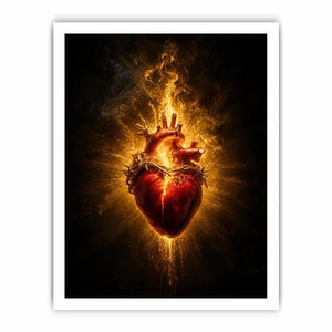 Burning sacred heart wall art with crown of thorns and glowing golden flames on dark background