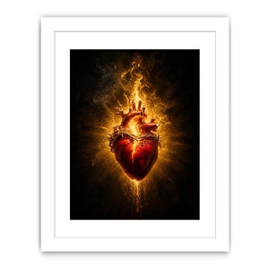 Burning sacred heart wall art with crown of thorns and glowing golden flames on dark background