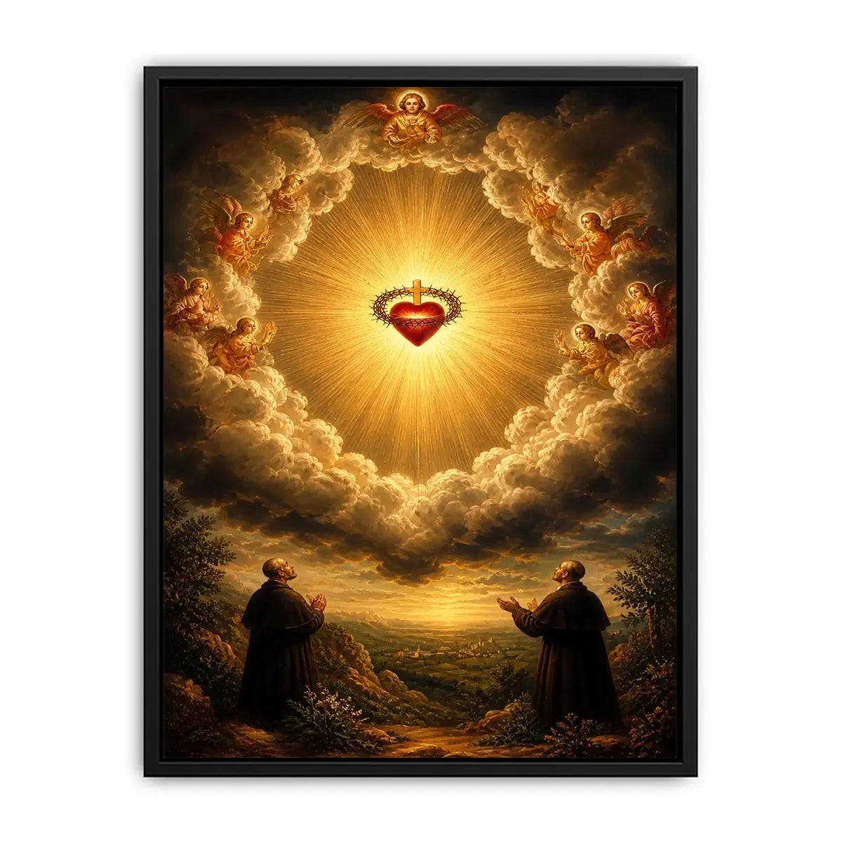 Sacred Heart of Jesus surrounded by angels in radiant heavenly clouds with glowing divine light renaissance style religious wall art canvas print