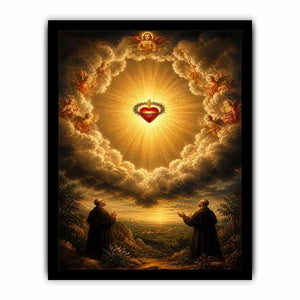 Sacred Heart of Jesus surrounded by angels in radiant heavenly clouds with glowing divine light renaissance style religious wall art canvas print