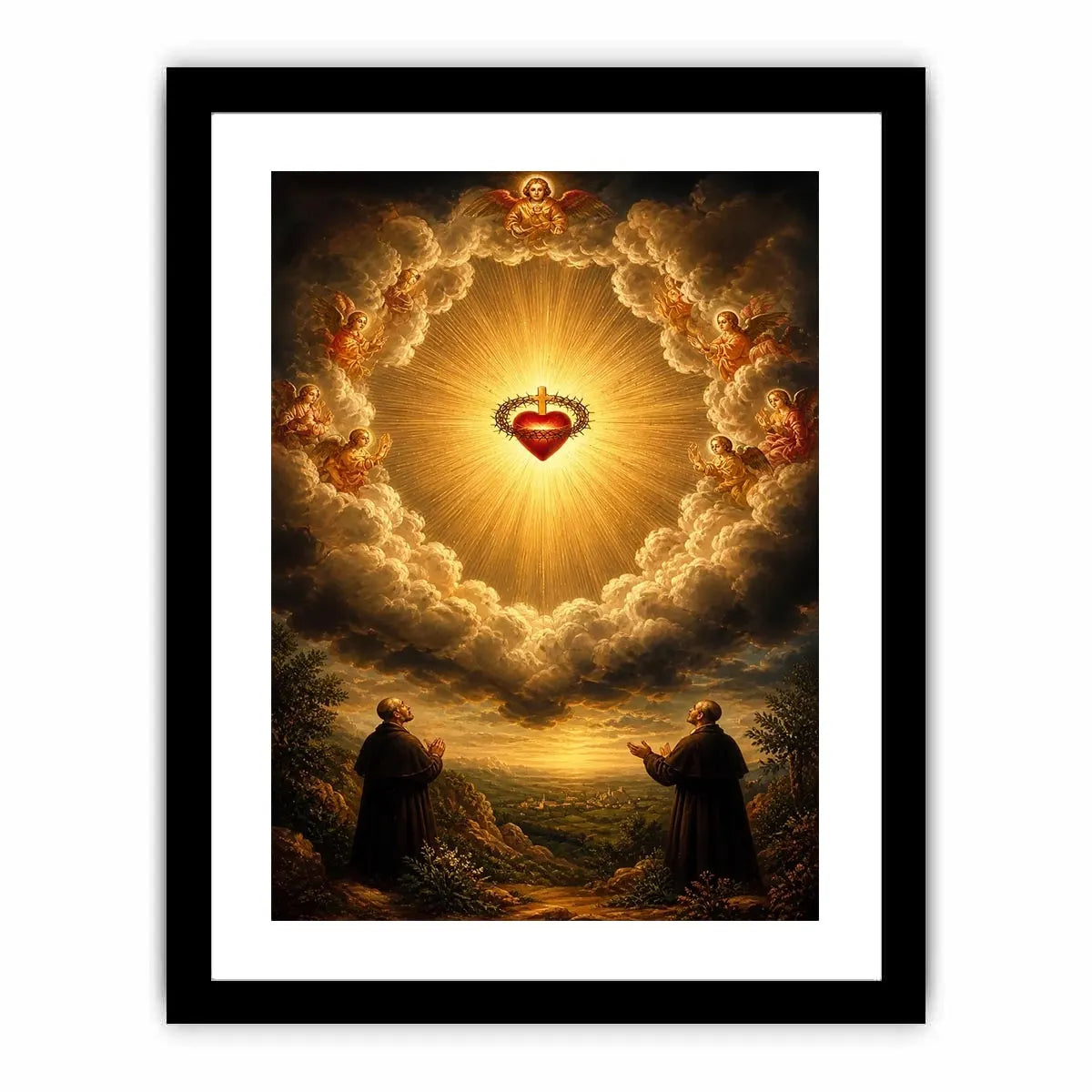 Sacred Heart of Jesus surrounded by angels in radiant heavenly clouds with glowing divine light renaissance style religious wall art canvas print