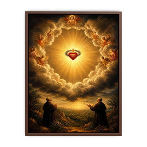 Sacred Heart of Jesus surrounded by angels in radiant heavenly clouds with glowing divine light renaissance style religious wall art canvas print