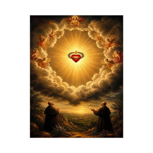 Sacred Heart of Jesus surrounded by angels in radiant heavenly clouds with glowing divine light renaissance style religious wall art canvas print