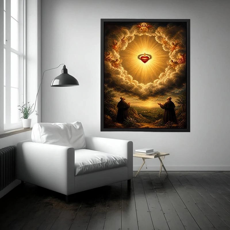 Sacred Heart of Jesus surrounded by angels in radiant heavenly clouds with glowing divine light renaissance style religious wall art canvas print