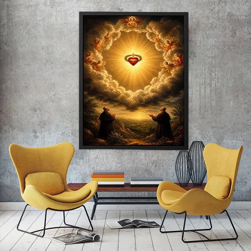 Sacred Heart of Jesus surrounded by angels in radiant heavenly clouds with glowing divine light renaissance style religious wall art canvas print