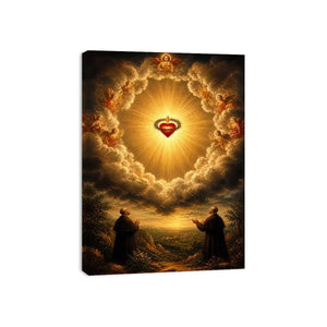 Sacred Heart of Jesus surrounded by angels in radiant heavenly clouds with glowing divine light renaissance style religious wall art canvas print
