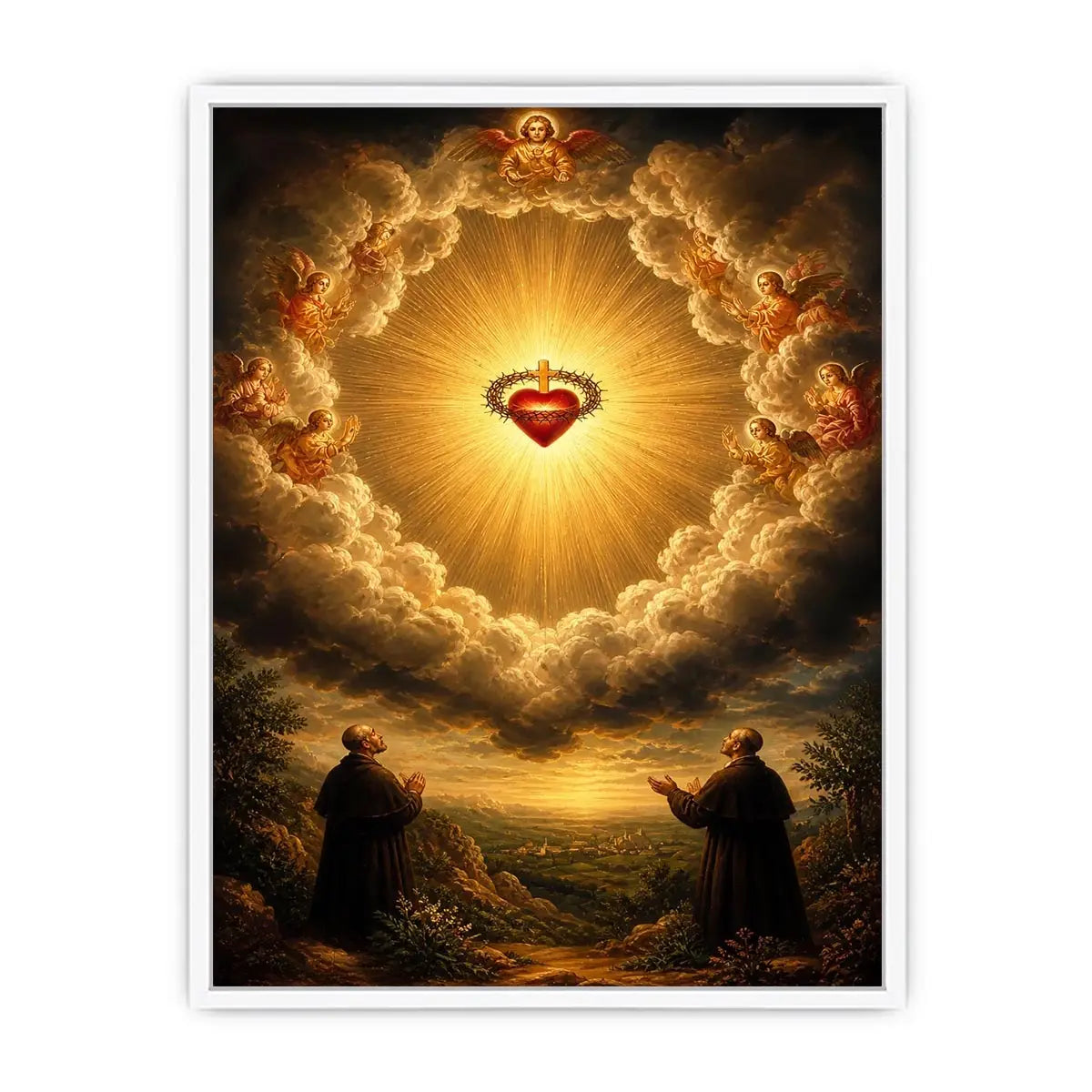 Sacred Heart of Jesus surrounded by angels in radiant heavenly clouds with glowing divine light renaissance style religious wall art canvas print