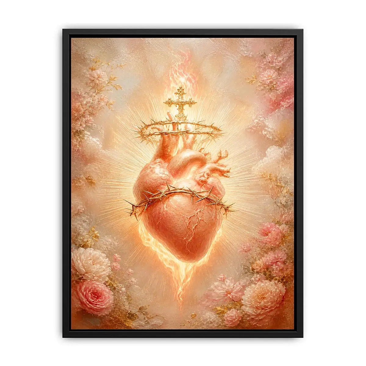 Blush Sacred Heart surrounded by pink flowers and radiant golden light in romantic renaissance style religious wall art canvas print